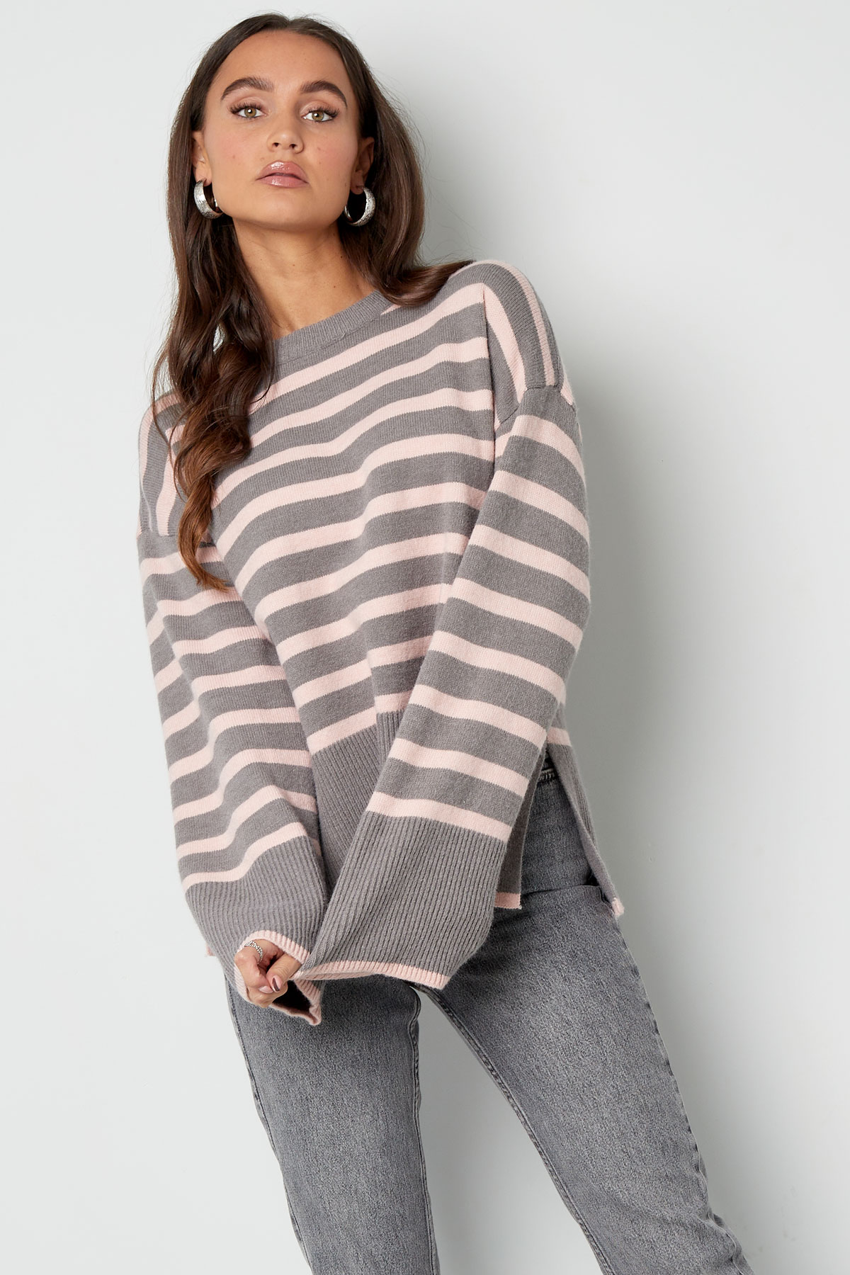 Wide knitted sweater stripes and flared sleeve - orange pink h5 Picture7